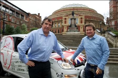 Philip Young (left) and Paul Brace (right) with the newly unveiled Fiat Panda which they are hoping to drive into the record books.