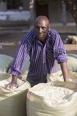 Tanzanian maize farmer John Rejeali with sacks of maize