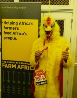 Tim Jury ran the entire Marathon dressed as a chicken.